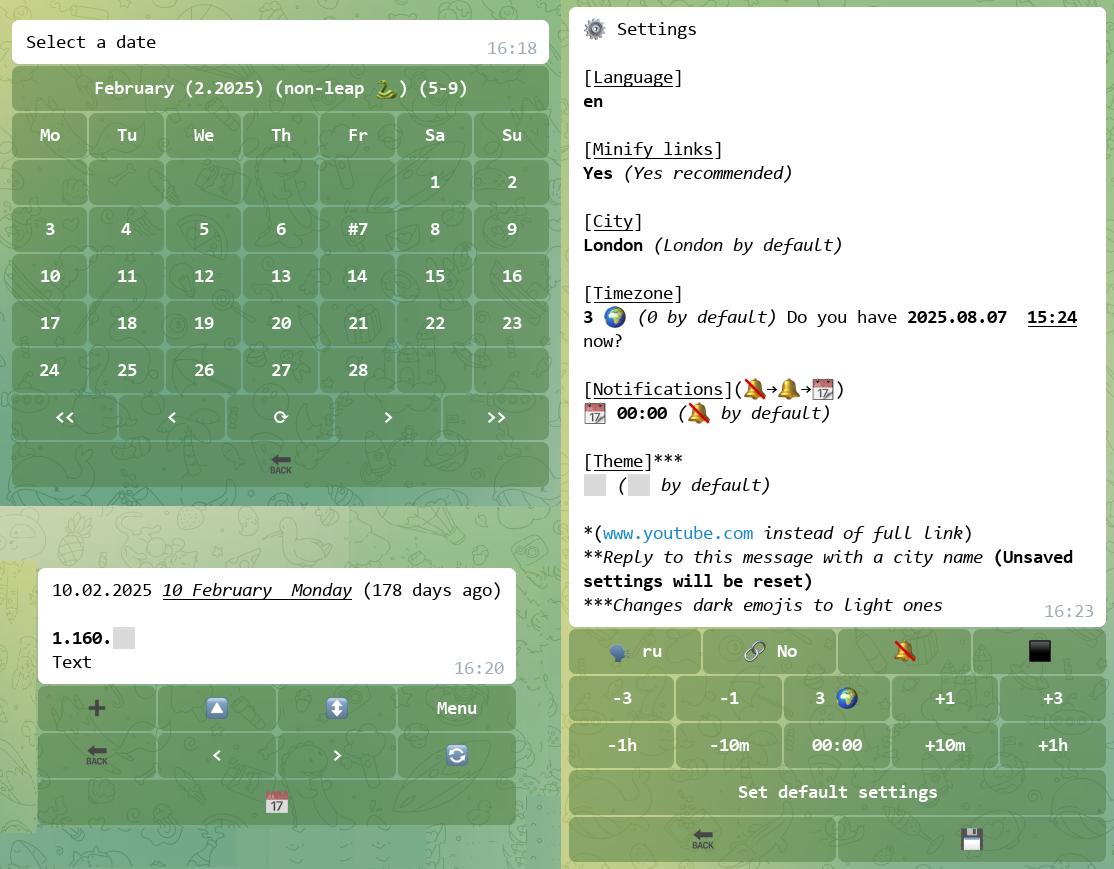Telegram bot messages showing a calendar, settings, and a single note